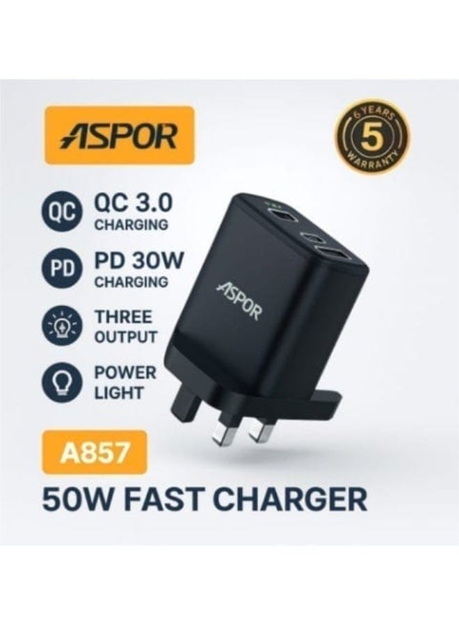 Aspor A857 50W High-Speed Charger with Dual USB + AC Port & LED Indicator - Image 1